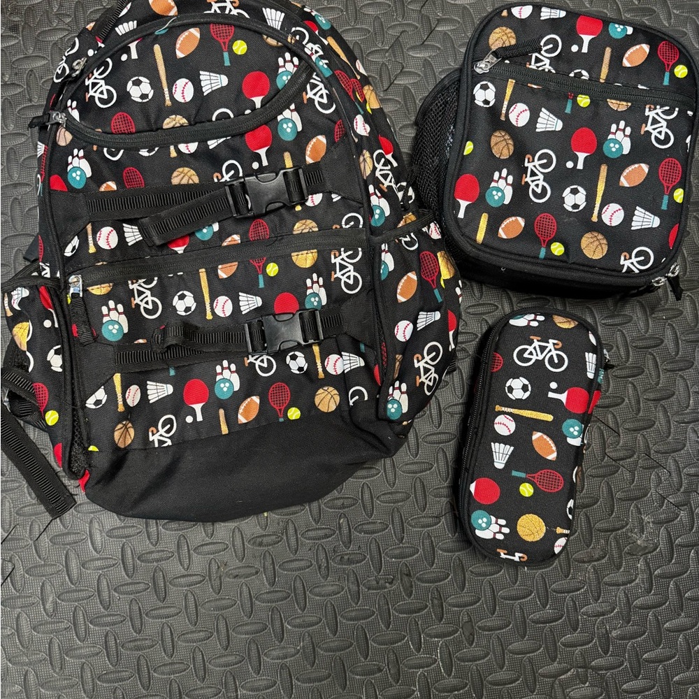 Kids Sports Print Backpack Set - Black